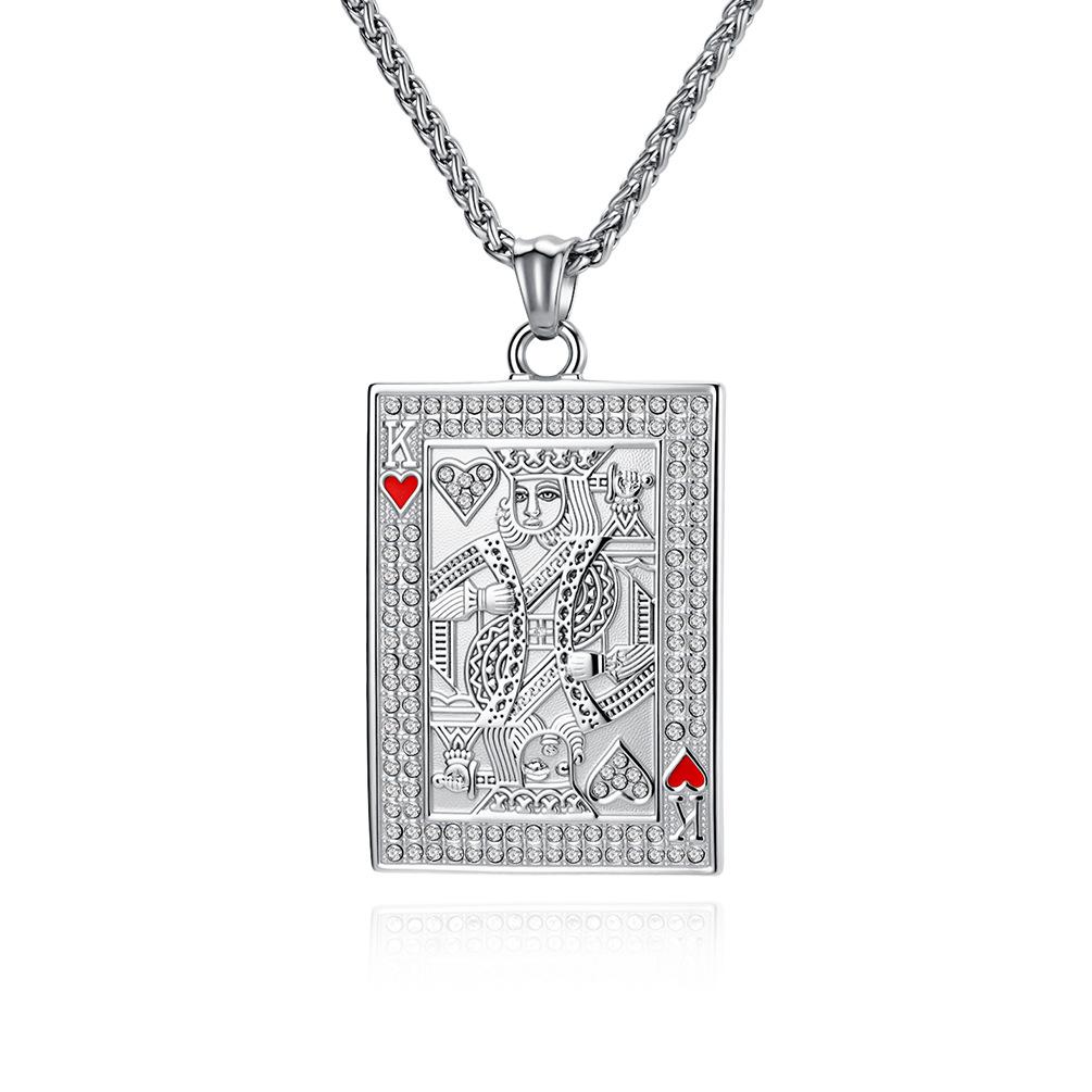 Popular Hip Hop Full Diamond Playing Cards Hearts K Pendant Titanium Steel Gold Plated Couple Necklace Niche Trend