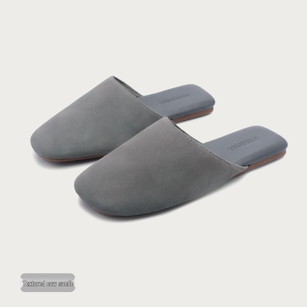 High-End Minimalist Genuine Leather & Suede Slippers - Non-Slip Sole, Unisex, All-Season Indoor Footwear
