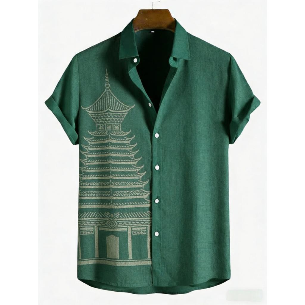 2026 Men's Green Plant Ethnic 3D Printed Shirt, Linen Fabric Short Sleeve Shirt, Hawaiian Vacation Social Party Clothing for Men