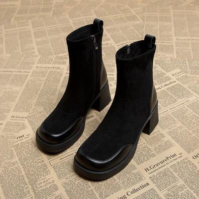 Kurze Schuhe für Damen Schwarz Damen Stiefeletten Socken-Schuhwerk Kampfstiefeletten Sehr hohe Absätze Wildleder Punk-Stil Absatzstiefel Herbststiefel