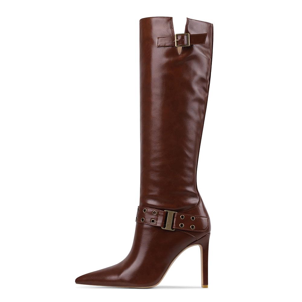 

Сексуальные женские модные сапоги с острым носком и тонким высоким каблуком, полые металлические сапоги в стиле панк, весенне-осенние вечерние сапоги до середины икры для женщин 8