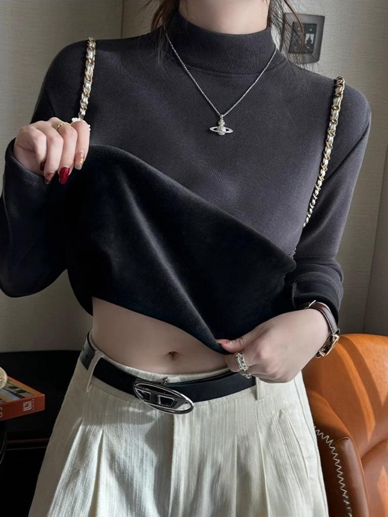 Spring semi-turtleneck bottoming shirt women's thickened integrated velvet thermal suit inner top long-sleeved T-shirt
