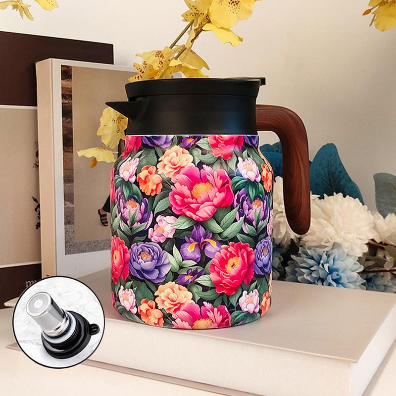 Stainless Steel Tea Kettle With Infuser Vintage Floral Pattern Insulated Teapot Thermal Coffee Carafe For For Keeping Hot Cold