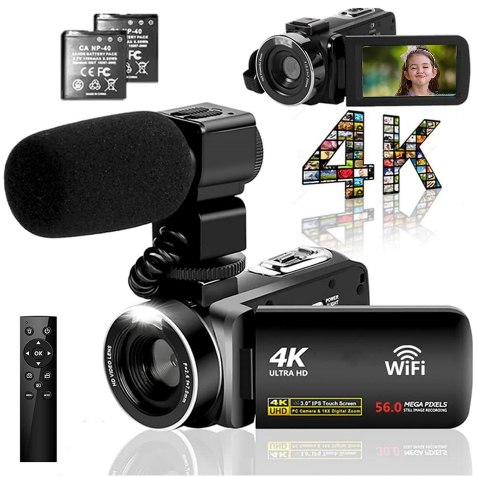 

4K 56MP Video Camera with External HDMI IR Night Wireless 18x Digital Touch Japanese System Manual Wi-Fi, Microphone, Output, Vision, 360° Remote,