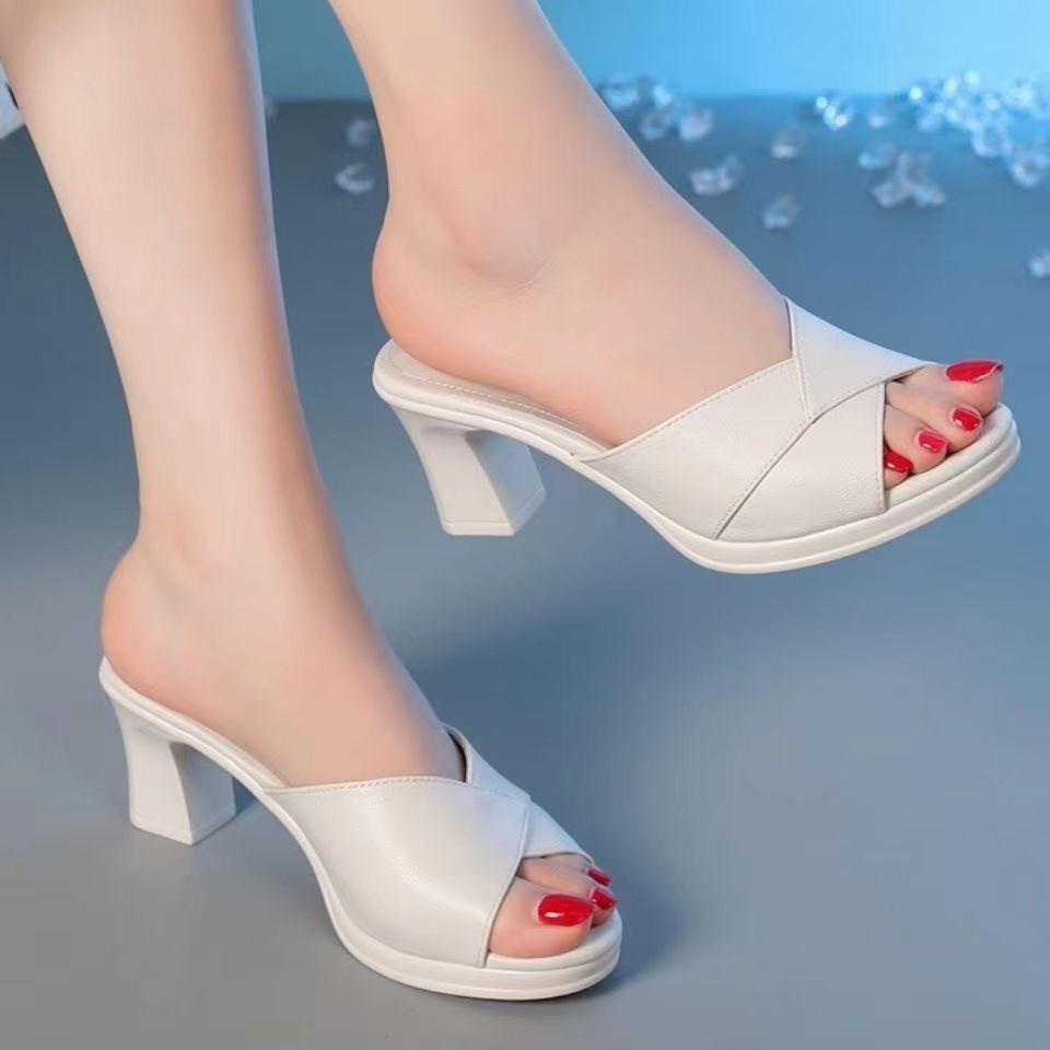 

Summer thick-bottomed waterproof platform heel fish mouth one-word slippers temperament thick heel soft leather cool slippers women 35
