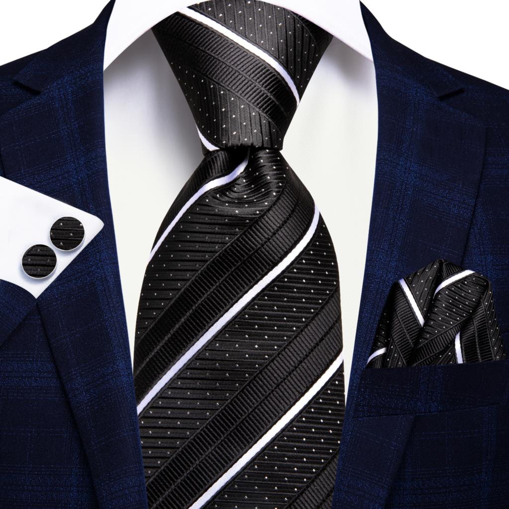 Hi-Tie Navy Blue Striped Silk Wedding Tie For Men Fashion Design Gift Men Necktie Hanky Cufflink Set Business Party Dropshiping