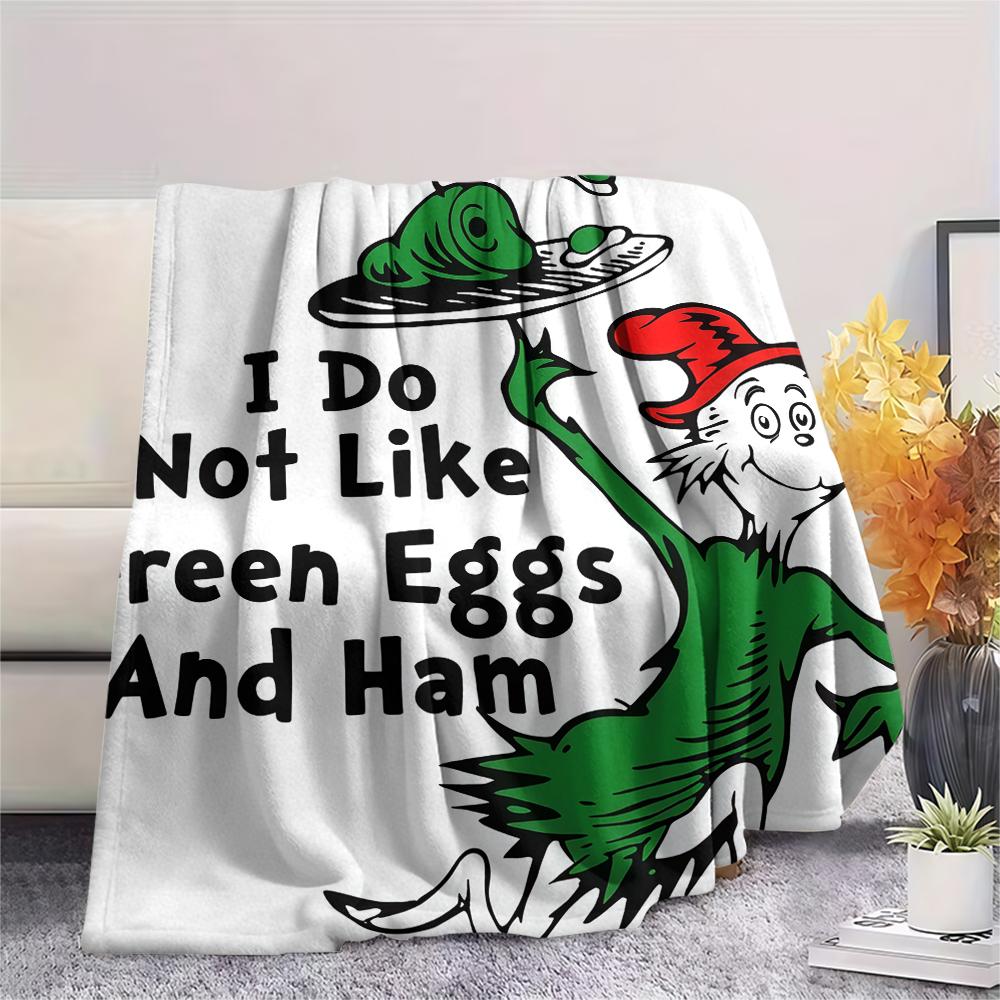1PC Green Eggs and Ham Print Flannel Blanket, High quality All Seasons, Home Decor, Warmth and Comfort, Perfect for Christmas Gifts