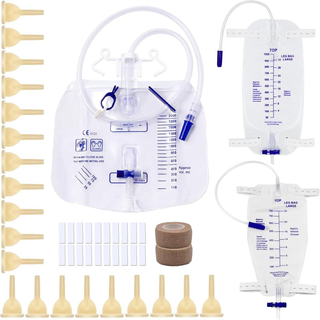 Men's External Catheter Kit, 3 Urine Bags + 3 Catheter Sheaths Set, Disposable Collection Bag with Anti-Leak, Hospital & Home Care