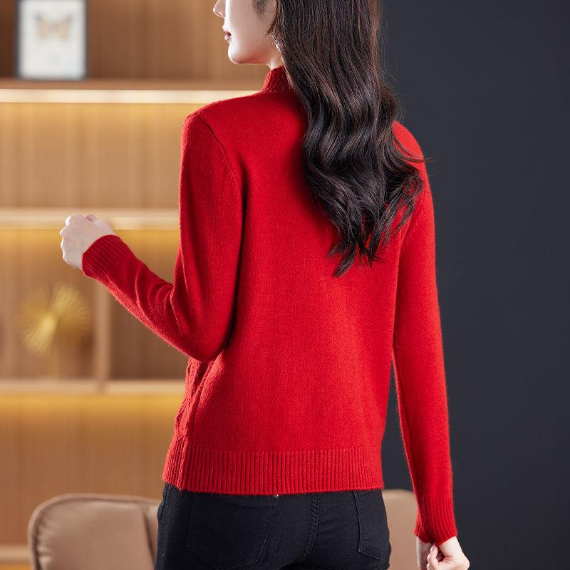 Autumn and Winter Style Long Sleeve Half High Neck Sweater Sweater Women's Korean Version Solid Color Fried Dough Twists Pullover Sweater
