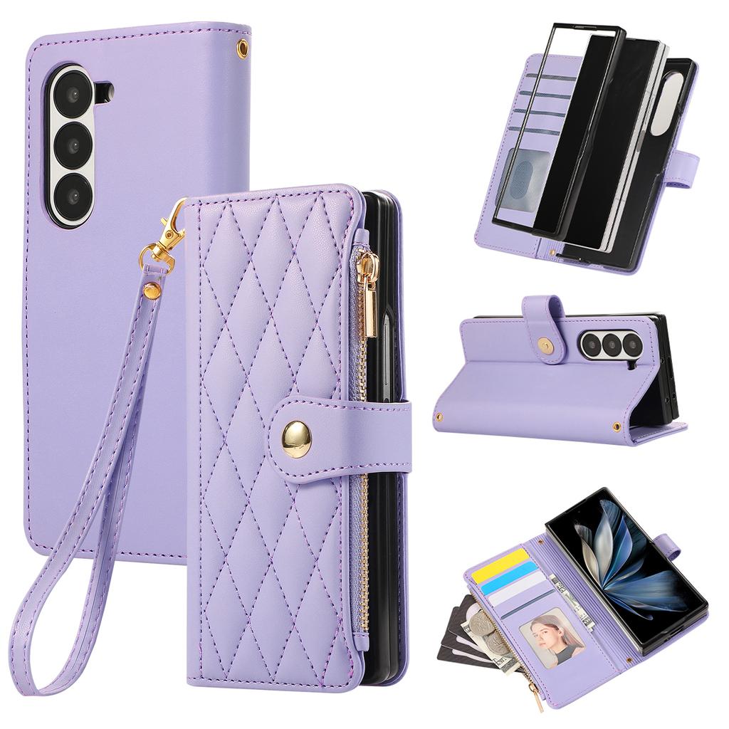 For Samsung Galaxy Z Fold6 5G Case Multi Card Slots Zipper Rhombus Leather Phone Cover with Wrist Strap