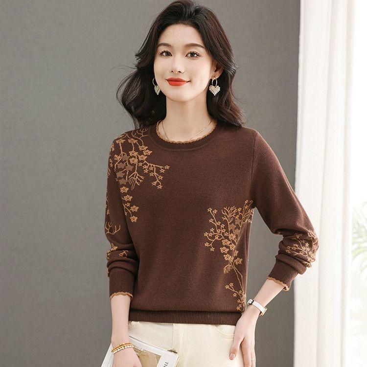 Winter Women's Wool Sweater  Crew neck Printed Wool Sweater Soft Warm Knit Pullover