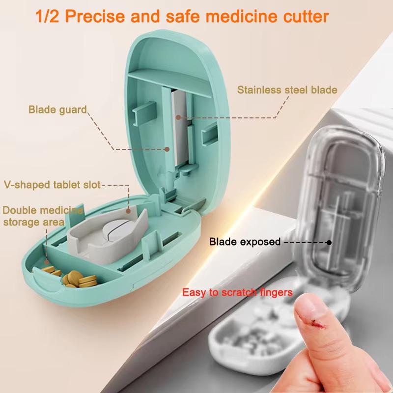 2 In 1 Pill Cutter With Invisible Storage Box Portable Mini Drug Tablet Medicine Dustproof Divider Organizer Crusher Pill Box