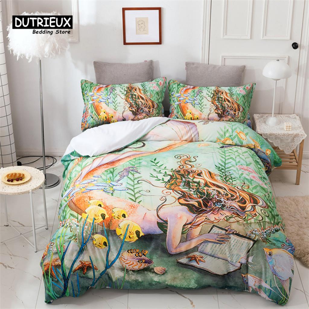 Mermaid Bedding Set Queen Size Print Duvet Cover Comforter Cover With Pillowcases For Girls Boys Teens Gift Home Bedroom Decor