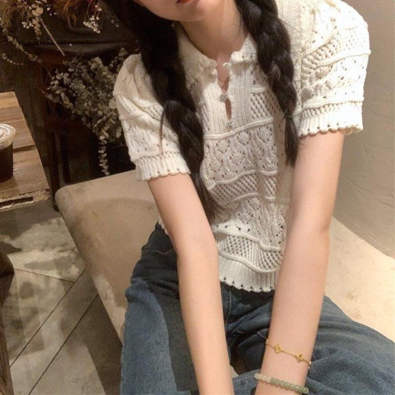 Summer Women's Polo Collar Hollow Knitted Shirt Sweet Versatile Unique Short Sleeve Top for Women