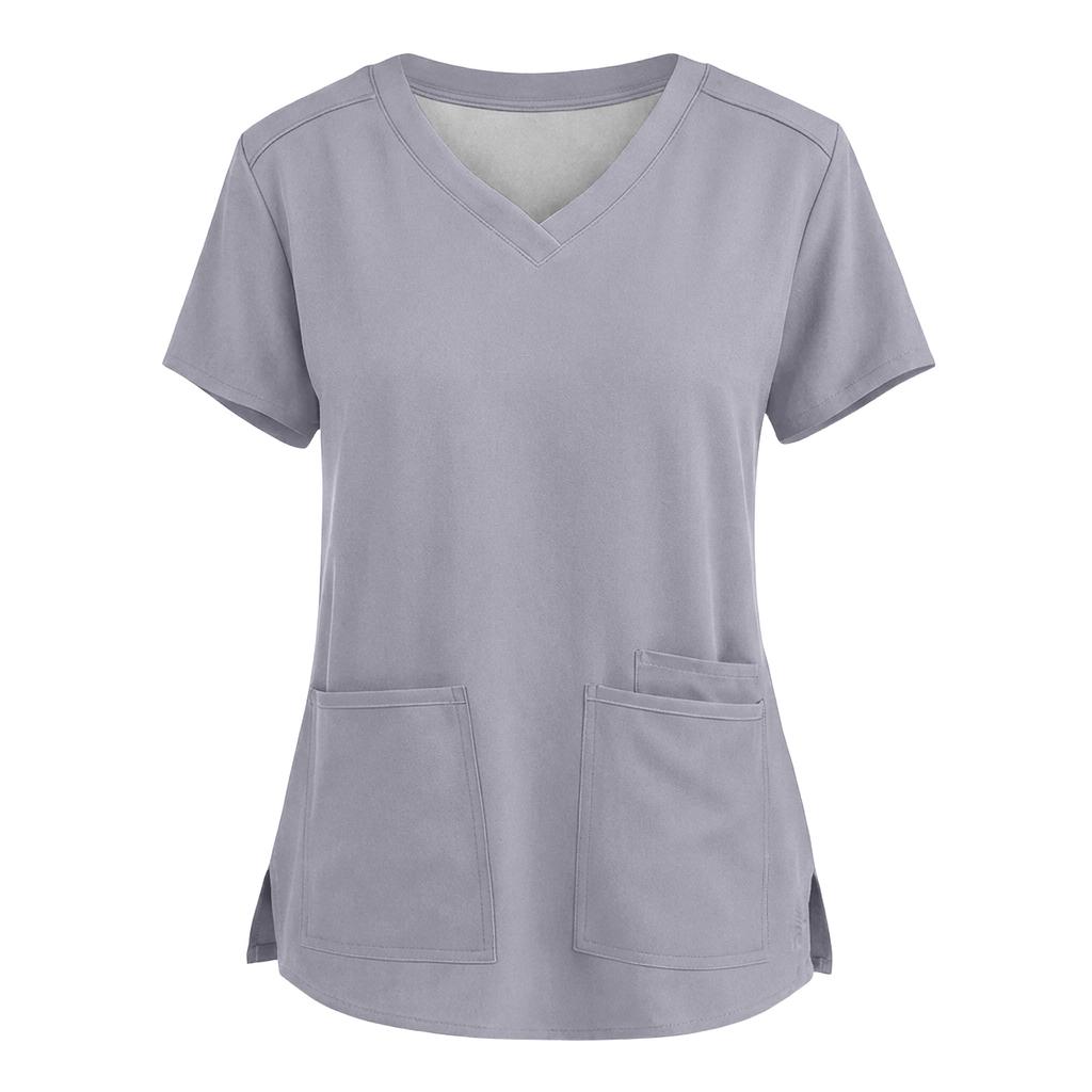 Camicetta da Lavoro alla Moda da Donna a Maniche Corte con Scollo a V, Vestibilità Larga, con Spacco e Tasche