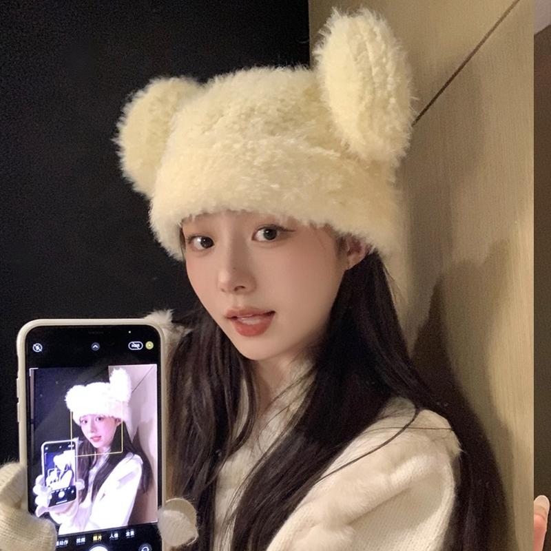 Furry Cartoon Bear Hat with Lovely Ear for Outdoor Sports Furry Hat with Ear Oversized Headgear Hat for Winter