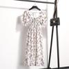 Summer Floral Print Dress Women Casual Square Collar Pleated Waist Slim Medium Long White S-XL