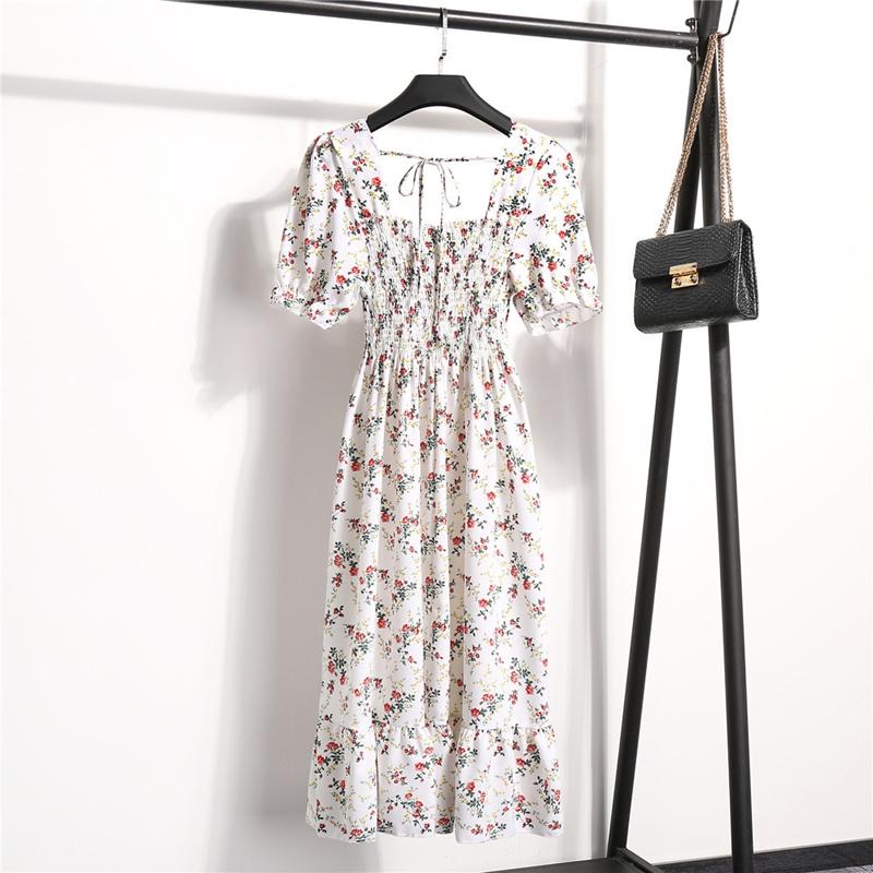 Summer Floral Print Dress Women Casual Square Collar Pleated Waist Slim Medium Long White S-XL
