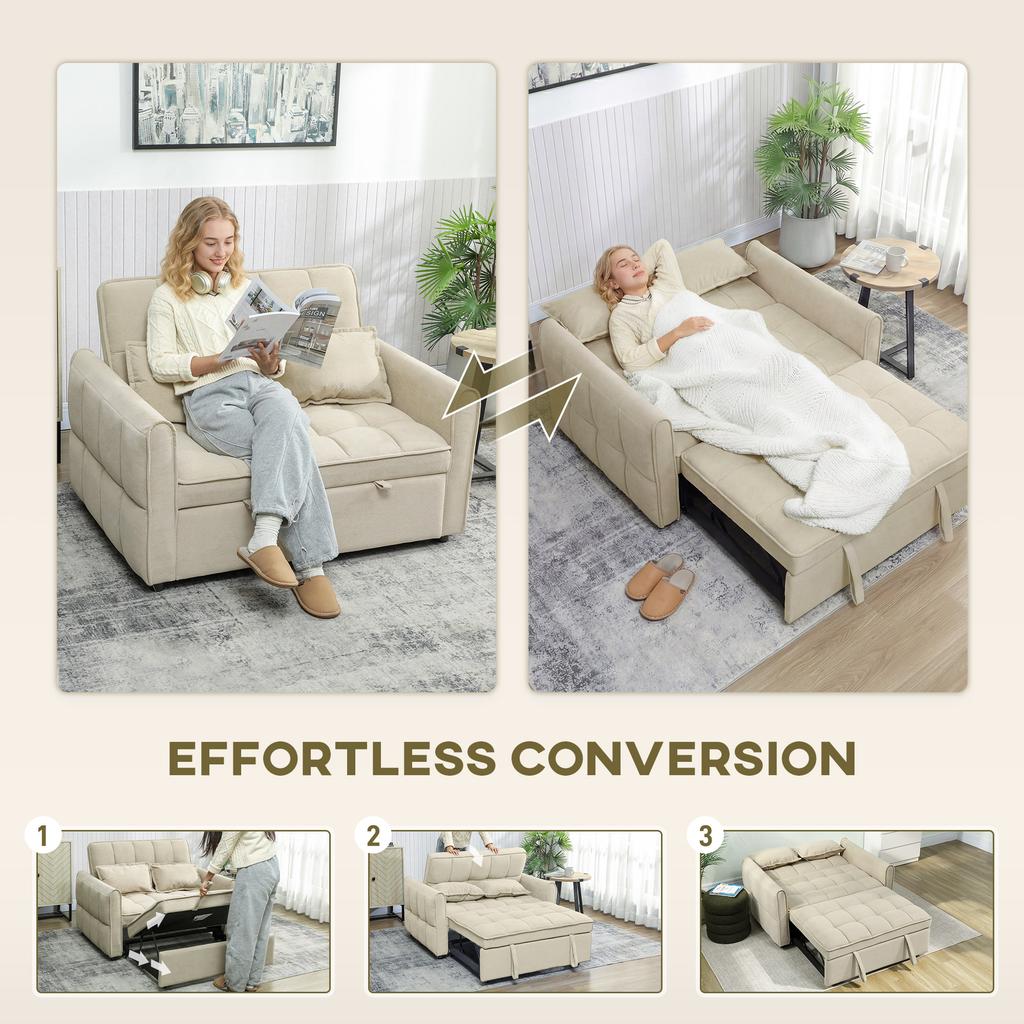 2 Seater Sofa Bed, 3-in-1 Convertible Sleeper Sofa with Click-clack Adjustable Backrest and 2 Pillows, Light Brown