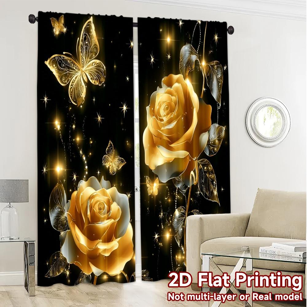 2pcs, 2D FLAT PRINTING Curtains (Without Rod) Golden Elegance Fashionable Modern Curtains Semi-Sheer Curtains Decorations For