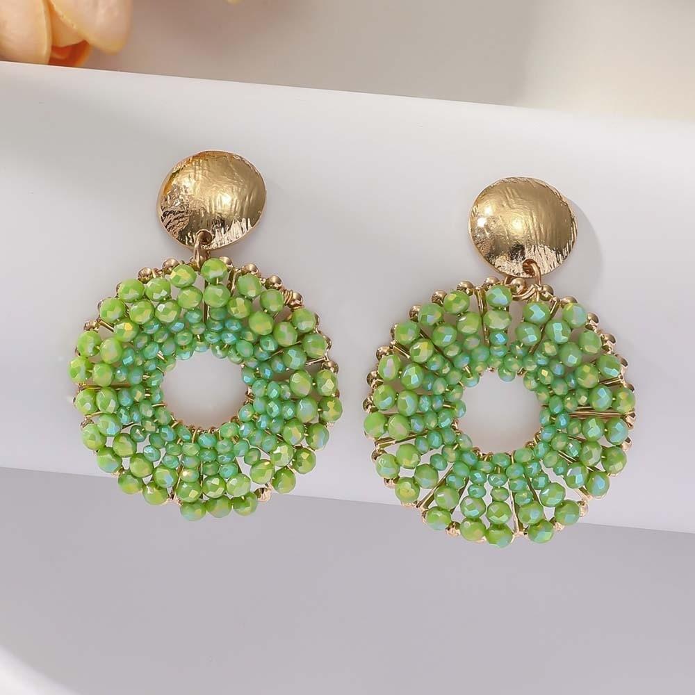 1 pair Temperament Glass Mini Beads Earrings Ethnic Style Round Beaded Earrings  Birthday зелёный