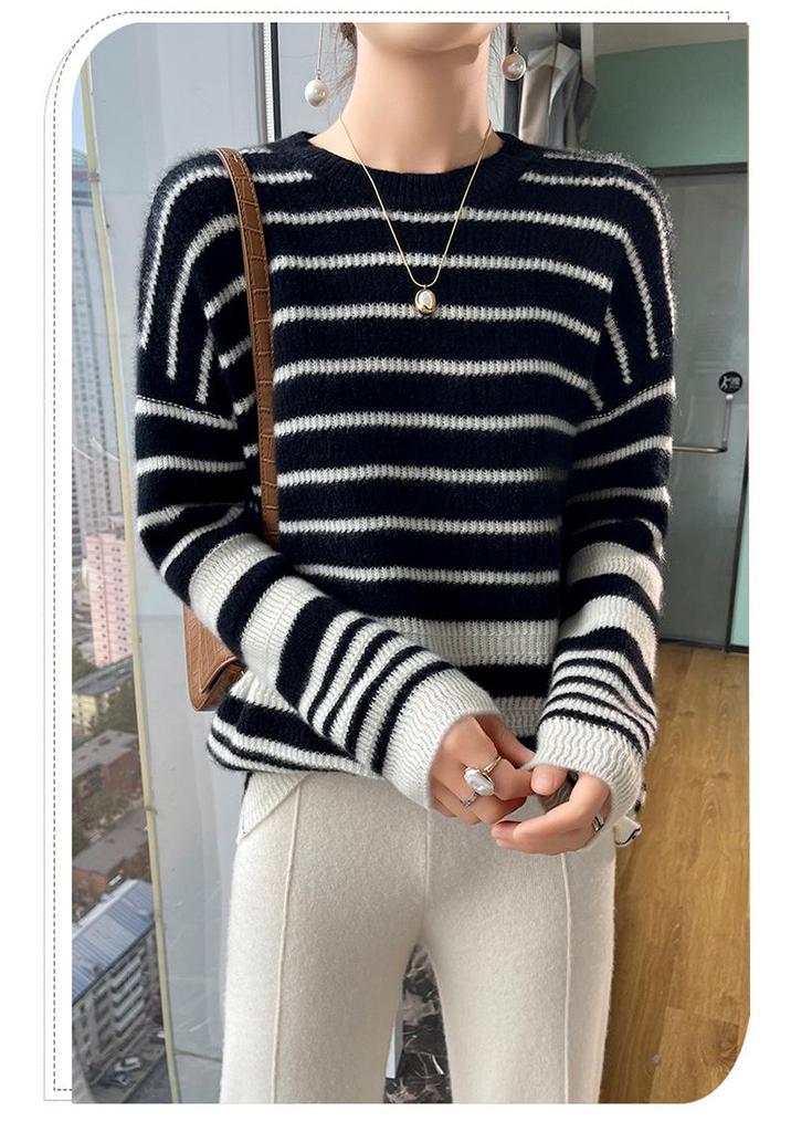 Women's Striped Wool Round Neck Cashmere Sweater - Autumn/Winter Style, 100% Pure Wool Color-Block Top