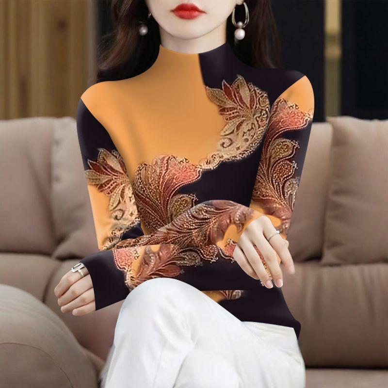Plus Velvet Thickened Long Sleeve High Collar Printed Top for Middle-aged & Elderly Women – Tummy Covering, Spring/Autumn Fashion