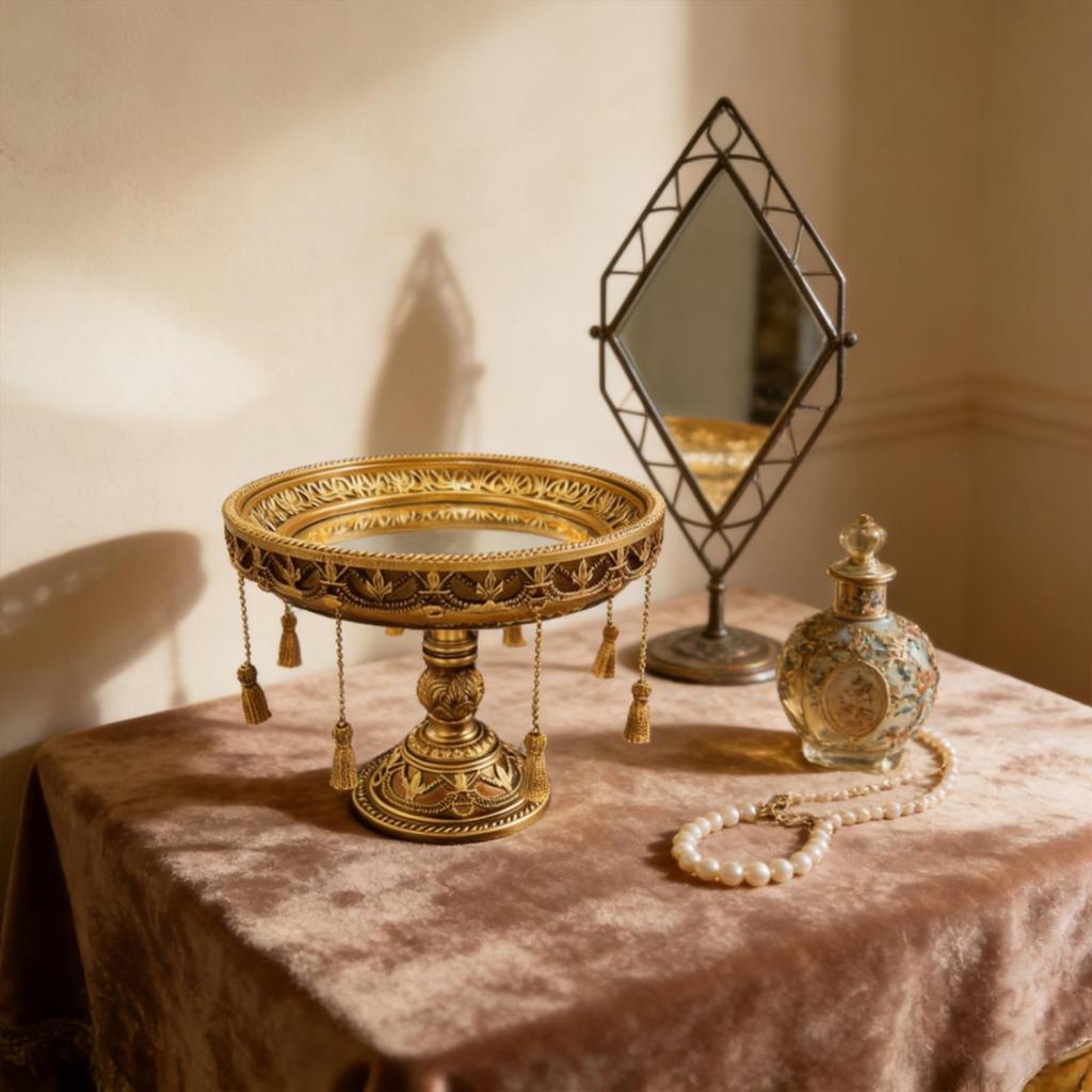 Mirrored Tray with Pedestal Toned Tassels VintageStyle Display Riser for
