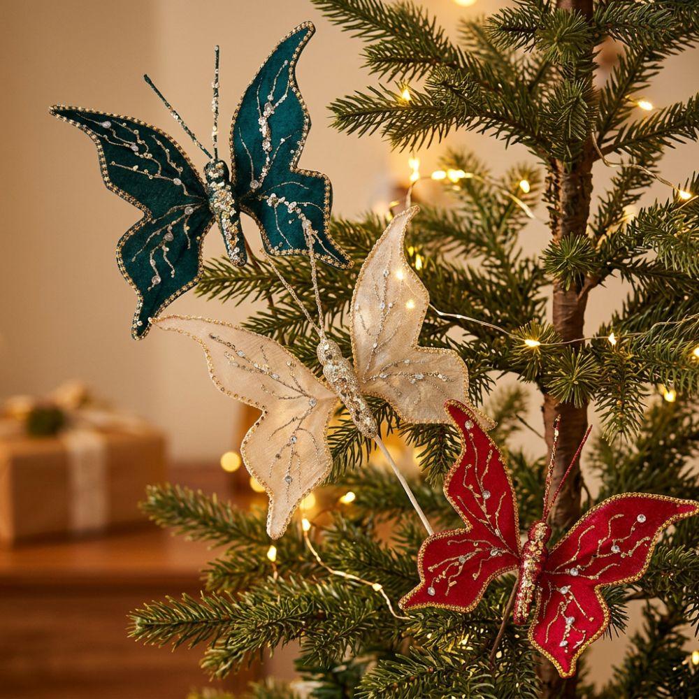Handmade Sequin Butterfly Christmas Pick Glitter Holiday Artificial Butterfly Wedding Decor