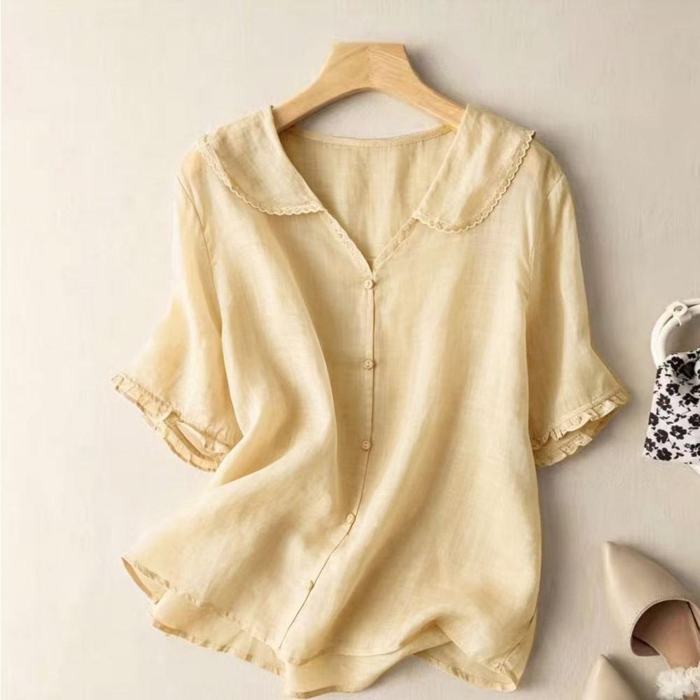 Short-sleeved Navy Collar Ramie Top Literary Retro Cotton and Linen Shirt Doll Collar Loose and Thin