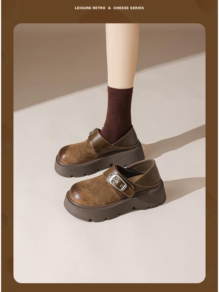 Augusden Women's Chunky Sole Brown Loafers: 2025 Summer British Style Soft Leather Two-Wear Shoes