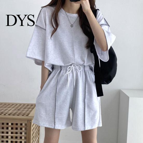 Lady Homewear Clothes 2 Pcs/Set Women Summer Tracksuit Round Neck Half Sleeves Loose Top Drawstring Shorts Set High Elastic Waist Solid Color