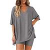 Damen V-Ausschnitt Kurzarm Oversize Oberteil Elastische Taille Taschenshorts Loungewear Schlafanzug Set Lässiges Zweiteiliges Outfit