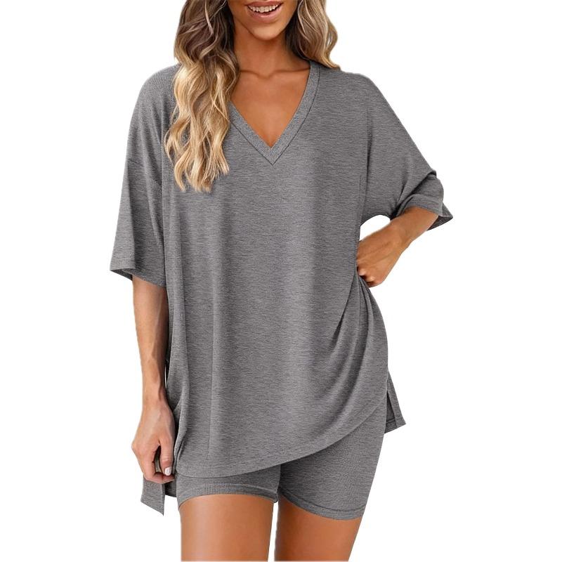 Damen V-Ausschnitt Kurzarm Oversize Oberteil Elastische Taille Taschenshorts Loungewear Schlafanzug Set Lässiges Zweiteiliges Outfit