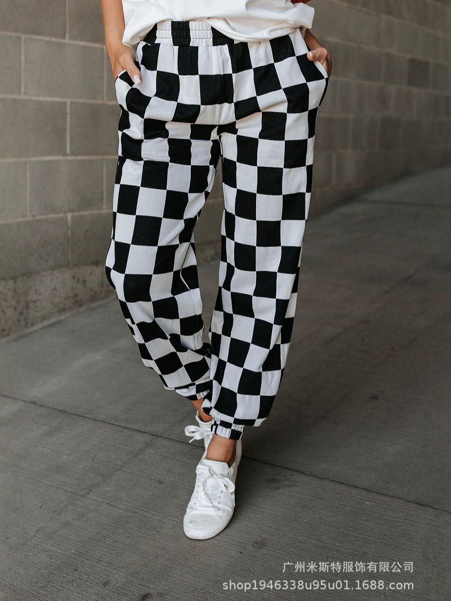 European & American Casual Women s Plaid Drawstring Ankle-Tie Pants XL цветочный