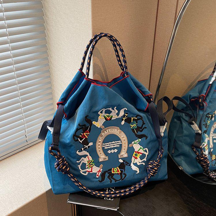 Women's Large Capacity Embroidered Drawstring Tote Bag with Custom Text or Logo