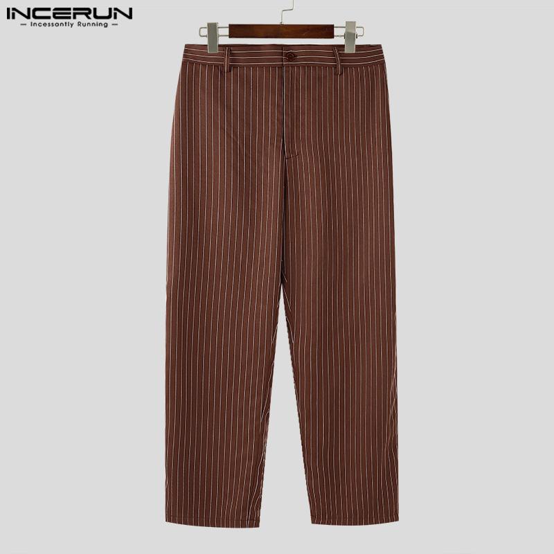 INCERUN Seturi Casual de Pantaloni de Costum pentru Bărbați din Două Piese cu Mânecă Lungă, cu Gât Rotund, cu Dungi și Fante