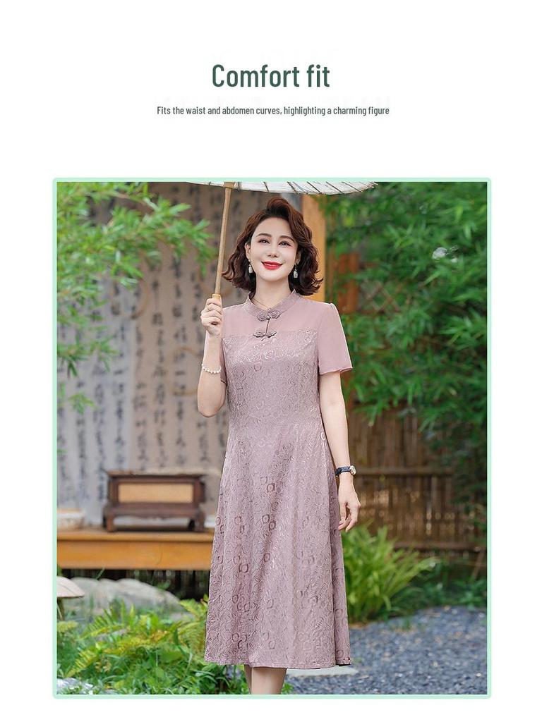 Rochie Qipao Elegantă de Vară cu Mânecă Scurtă, Șic, 2025, pentru Femei de Vârstă Mijlocie