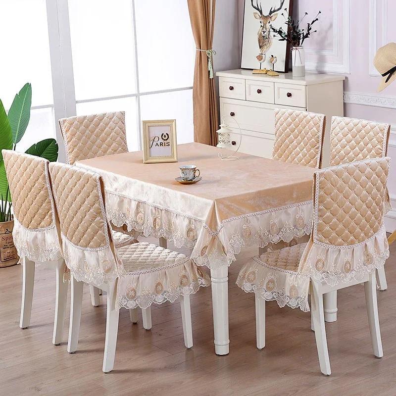 Velvet Lace Hem Table Cloth Dining Chair Cover Set Household Chair Pad Banquet Home Decor Dining Table Rectangular Tablecloth