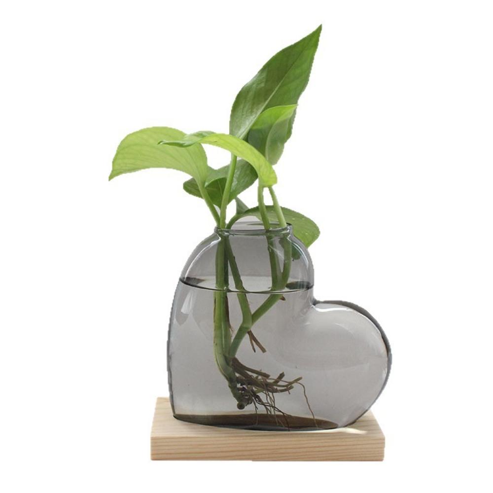 Colorful Love Shaped Glass Vase with Wooden Hydroponic Flower Plants Vase Desktop Ornament Living Room Office Decoration