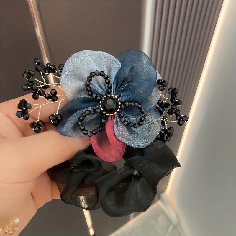 Elegantes Organza-Kristallblumen-Haargummi, Raffinierter Lila- und Brauner Zopfhalter mit Perlendetails, Perfekt für Jahrestage, Besondere Anlässe
