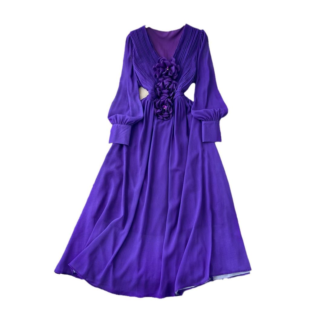 French Retro V-neck Three-dimensional Flowers Lantern Sleeve Dress Women's Waisted Temperament Swing Knee-length Elegant Long Dress