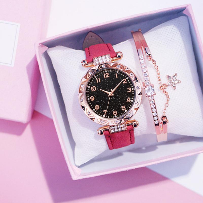 Women'S Watch Fashion Casual Women'S Quartz Watch Simple Rhinestone Flower Disc Watch Star Bracelet Set
