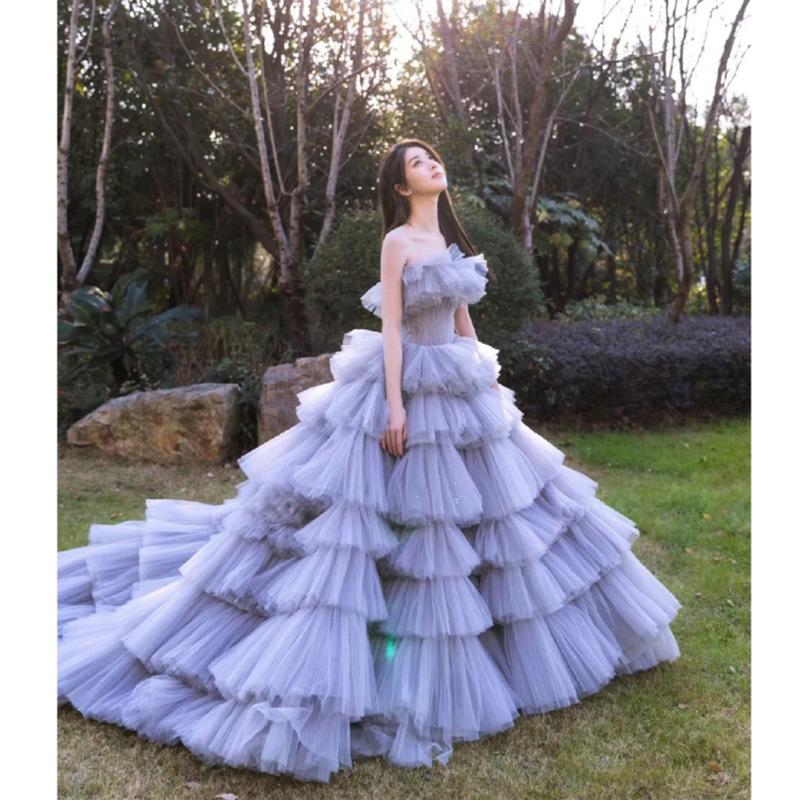 

Вечернее платье 2025 новое цветное платье свадебное платье место шлейф юбка-торт Мори дорожное платье S