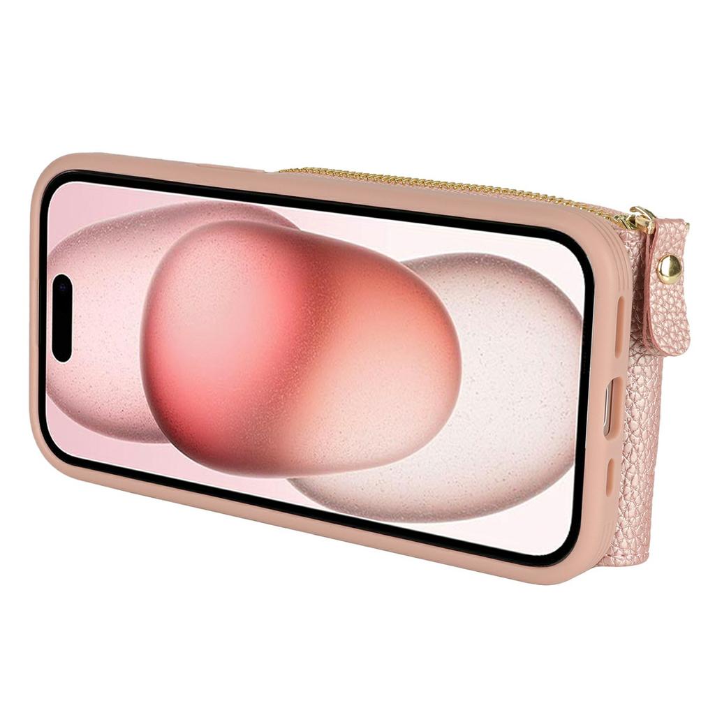 For iPhone 15 Case with Zipper Pouch/Ring Kickstand/Strap Litchi Texture PU + TPU Phone Cover