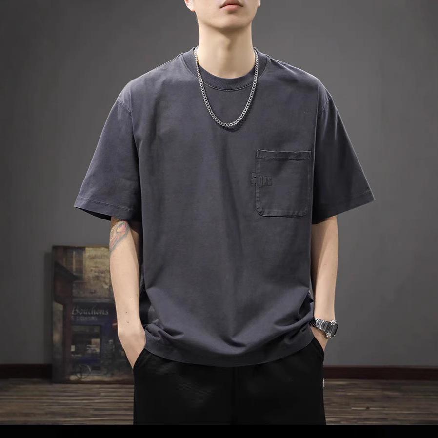 Men's Vintage Washed Cotton T-Shirt - Retro Heavyweight, Ribbed Neckline, Short Sleeve, Loose Fit