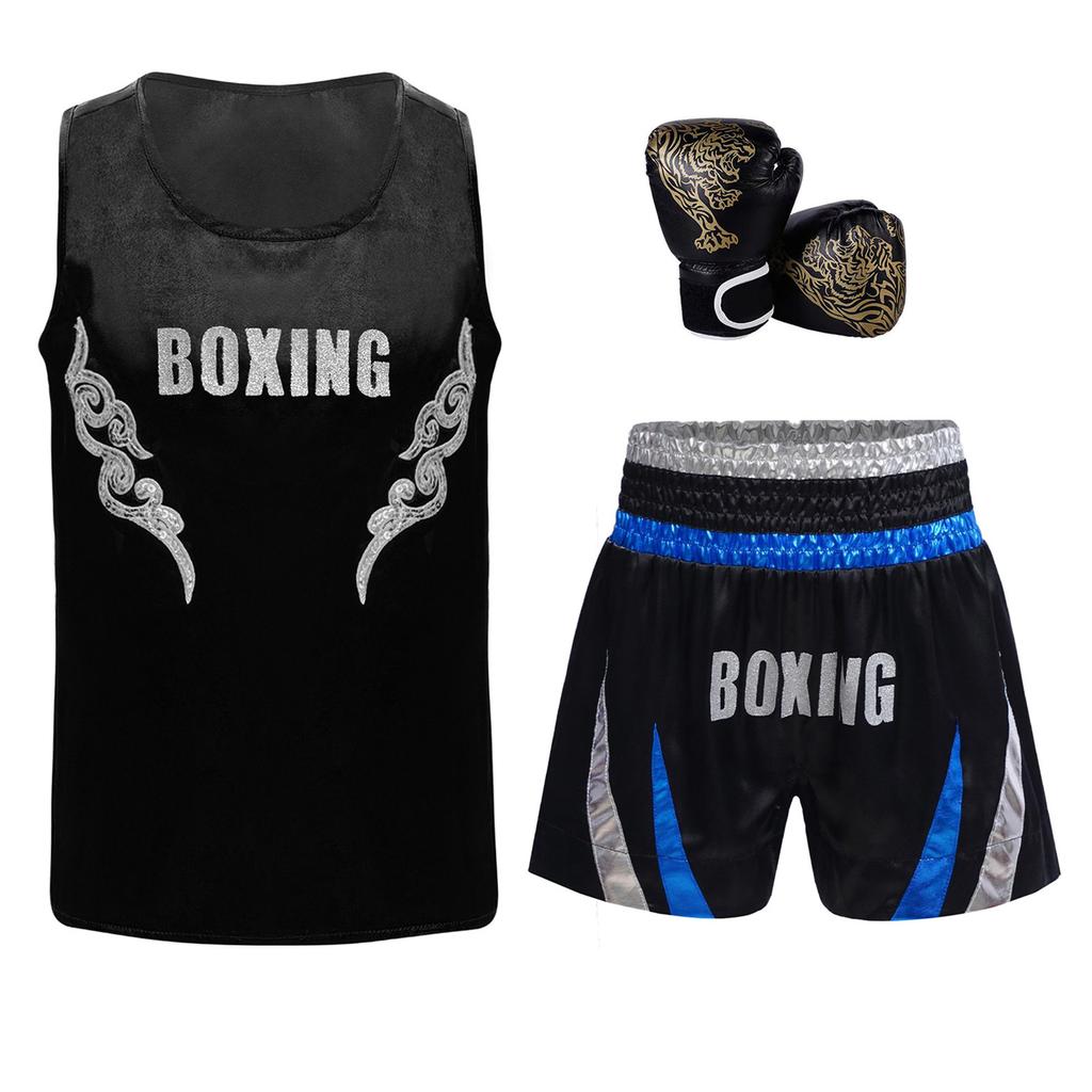 Muay Thai Gym Tops Kids Boxing Vest Boys Martial Arts Outfit Tank Top with Boxer Shorts Fight Grappling Costume Boxer Gloves