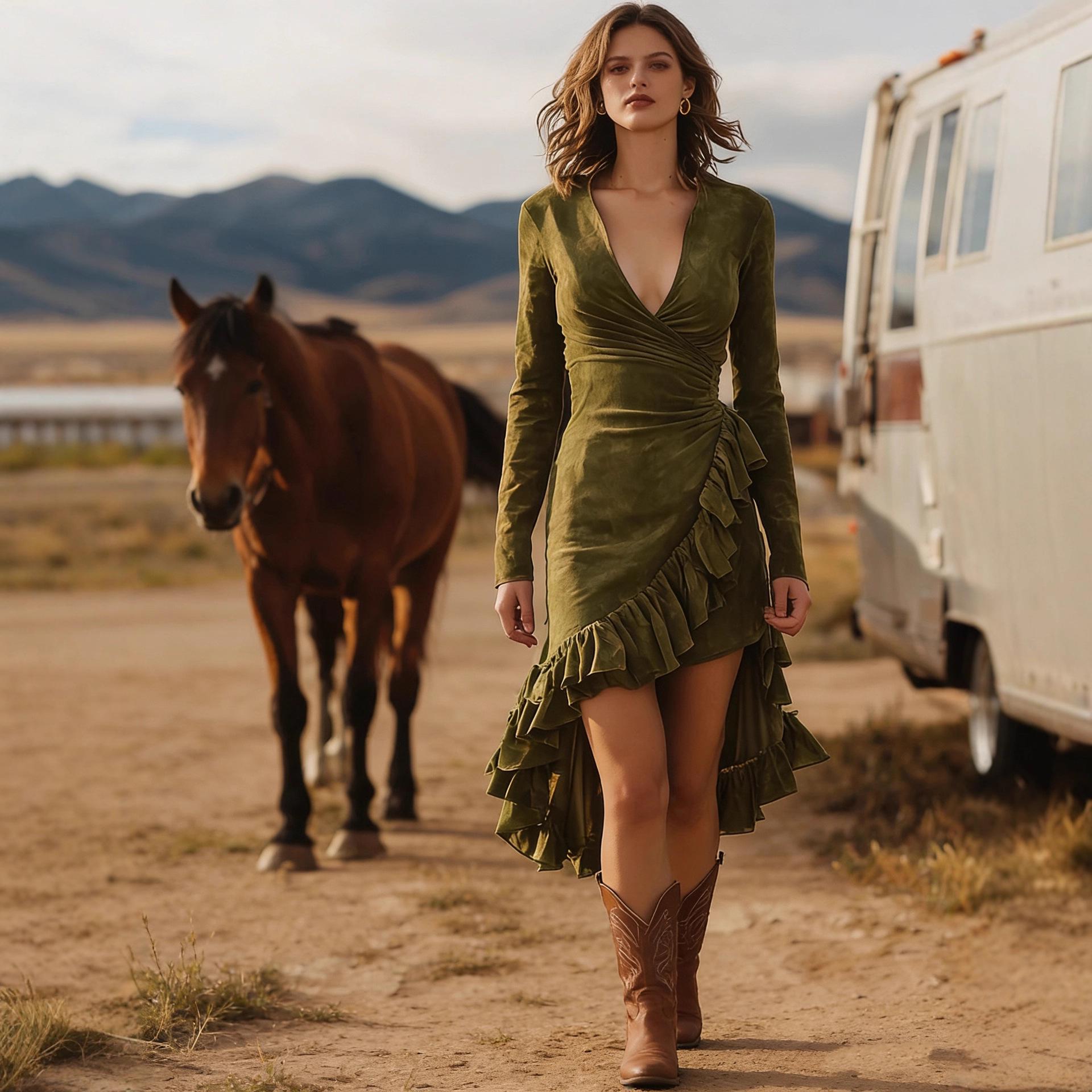 

Елегантна замшева осіння сукня: 2025 Європейська та Американська Мода L оливковий колір