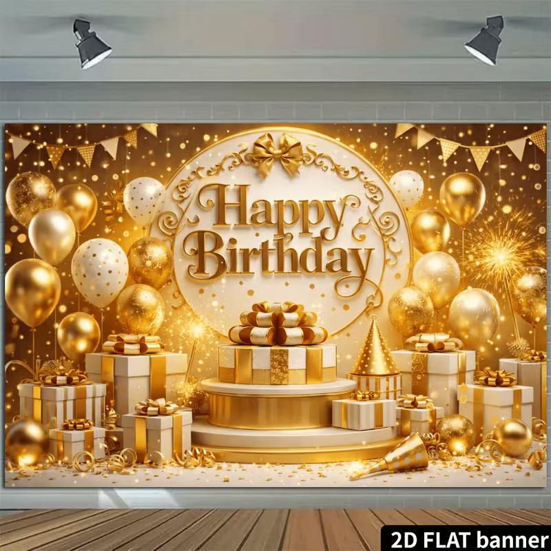 2D Gold & White Themed Birthday Photo Booth Backdrop with Bunting Flags