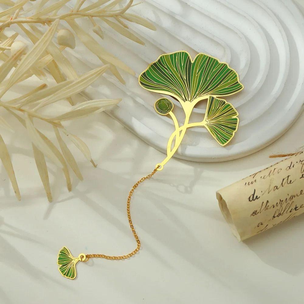Metal Chinese Style Bookmark Brass Green Leaf Bookmark Lotus Leaf Vein Metal Bookmark Stationery